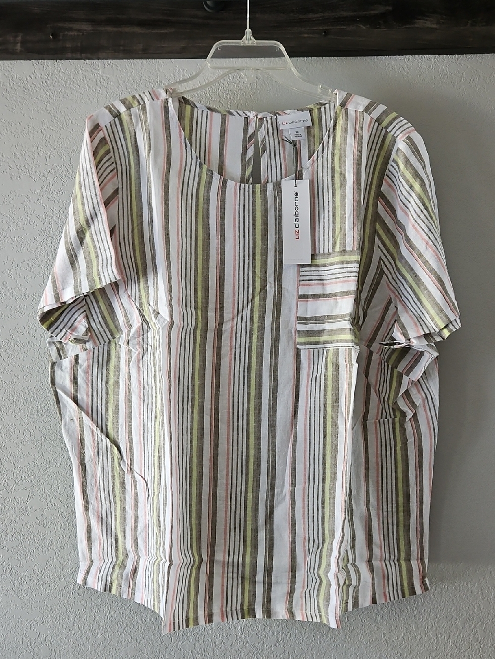 Liz Claiborne Short-Sleeve Striped Top in White, Olive & Pink 2X NWT